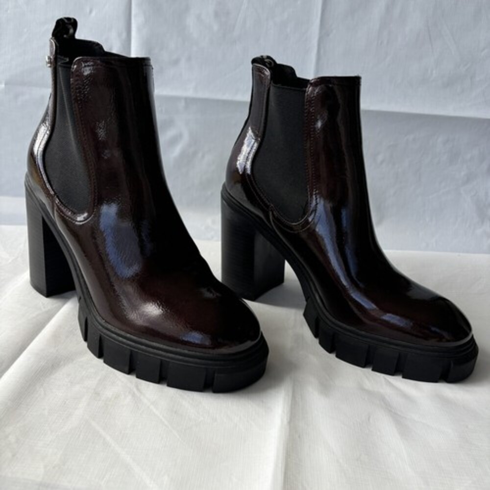 GBG Women's Chunky Platform Burgundy Patent Leather Combat Boots, size 8M